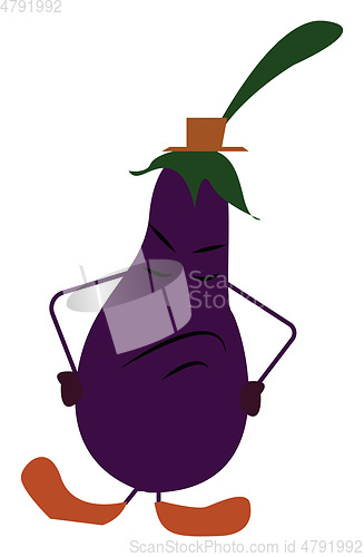 Image of An eggplant emoji wearing a hat and placing its hands in its wai