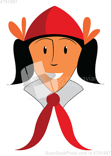 Image of A girl dressed in pioneer costume with red head cap and ling nec