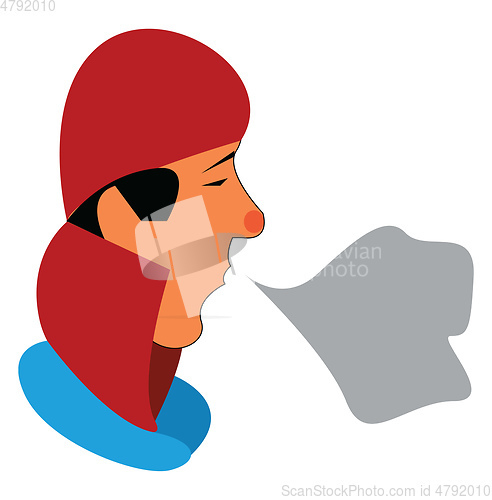 Image of A man in warm winter clothes on a cold day is showcasing sign of