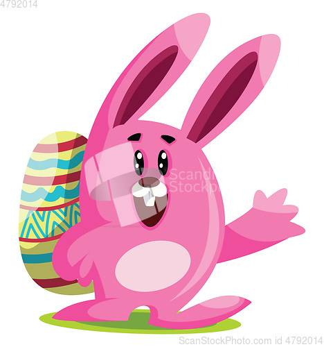 Image of Pink Easter bunny with big ears carry an egg and waving  illustr