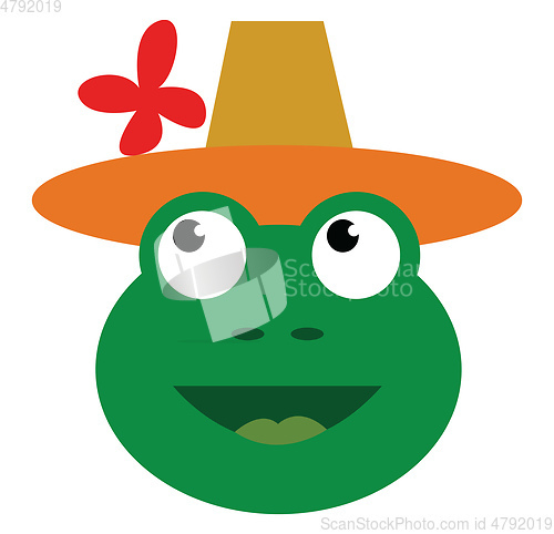 Image of A happy green frog wearing a brown-orange top hat with red flowe