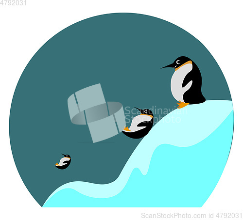 Image of Cartoon picture of three penguins sliding and playing in the ice