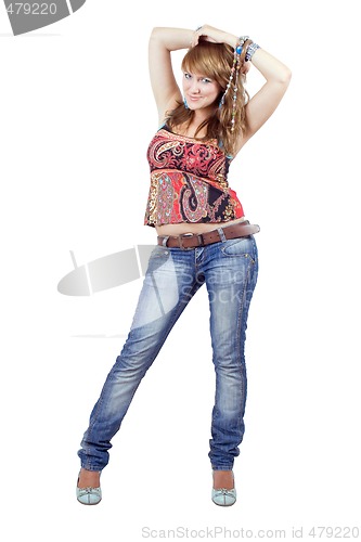 Image of The beautiful young woman in blue jeans. Isolated on white