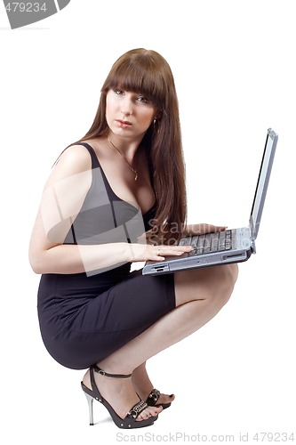 Image of The young businesswoman sits with the laptop in a lap