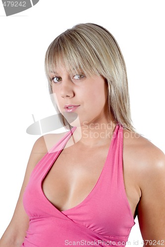 Image of Portrait of the young beauty woman in a pink jacket. Isolated