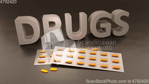 Image of the word drugs and some pills