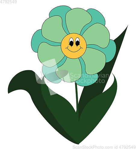 Image of Simple cartoon of a smiling blue flower  with green leaves vecto