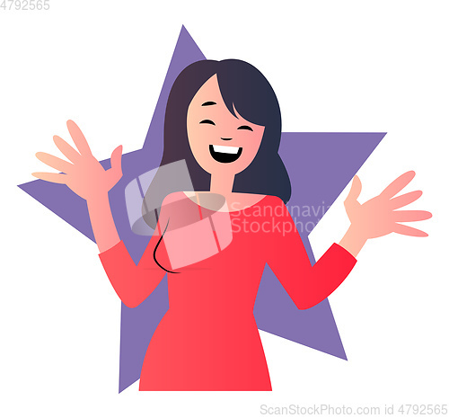 Image of Happy cartoon woman in red shirt vector illustartion on white ba