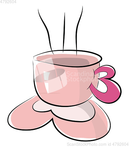 Image of A lovely pink teacup with a white exclamation mark filled with h