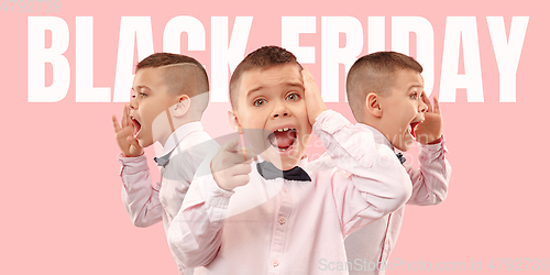 Image of Portrait of little boy calling for black friday