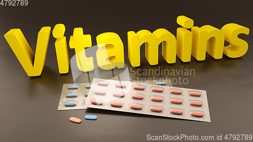 Image of the word vitamins and some pills