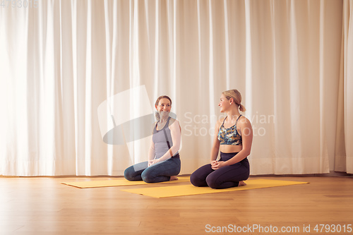 Image of two women doing yoga at home