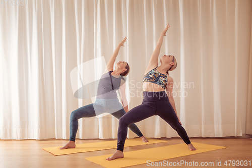 Image of two women doing yoga at home