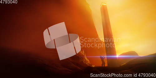 Image of explorer at monolith science fiction