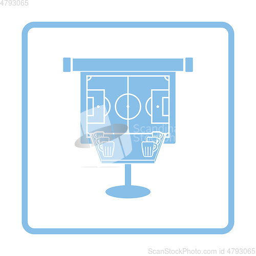 Image of Sport bar table with mugs of beer and football translation on pr