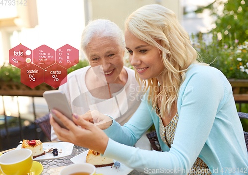 Image of daughter and senior mother with smartphone at cafe