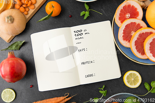 Image of close up of notebook, fruits and vegetables