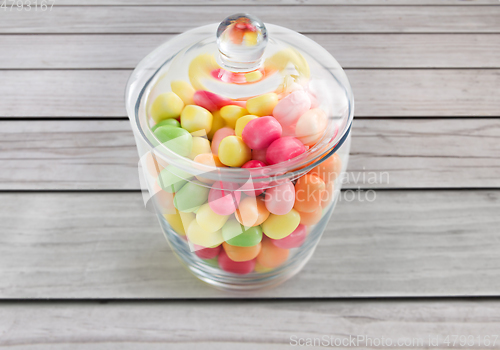 Image of close up of glass jar with colorful candy drops