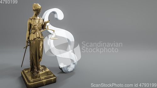 Image of beautiful brass Lady Justice figure with law sign