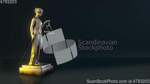 Image of beautiful brass Lady Justice figure with law sign