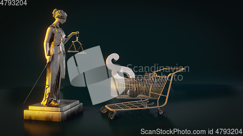 Image of beautiful brass Lady Justice figure with a shopping cart