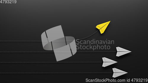 Image of Group of paper planes flying in one direction and one turning in