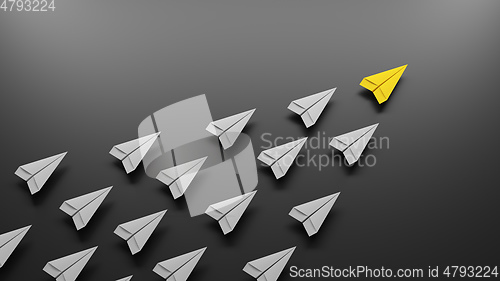 Image of Group of paper planes flying in one direction and one is leading