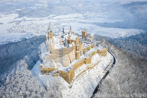 Image of Aerial view of the Castle Hohenzollern in Germany by snowy winte