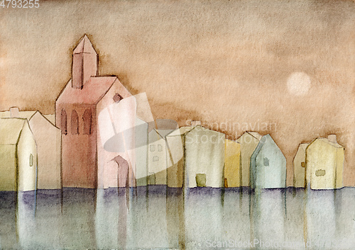 Image of watercolor village and church