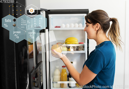 Image of happy woman taking food from fridge at home