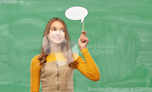 Image of student girl with speech bubble over chalk board