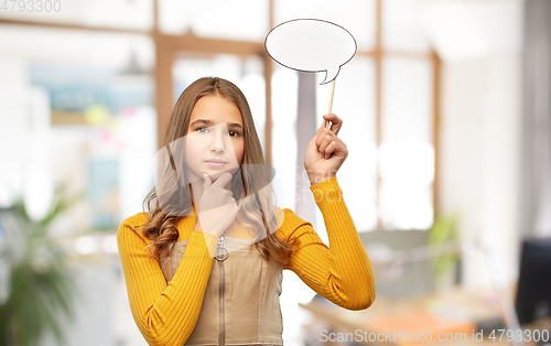 Image of teenage girl holding speech bubble over office