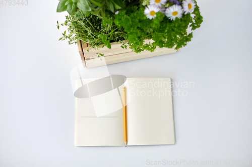 Image of notebook with herbs and flowers in wooden box