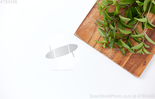 Image of bunch of fresh peppermint on wooden cutting board