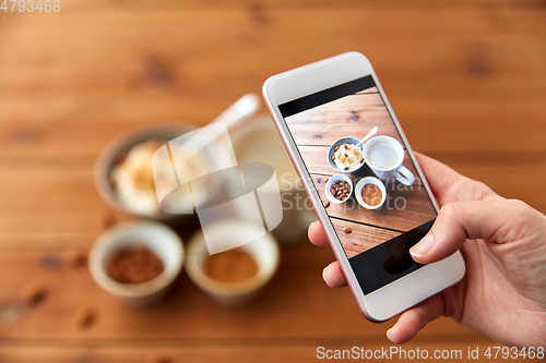 Image of hand taking picture of breakfast with smartphone