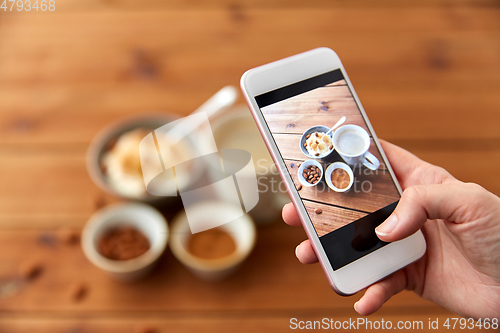 Image of hand taking picture of breakfast with smartphone