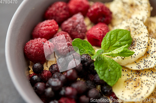 Image of cereal breakfast with berries, banana and mint