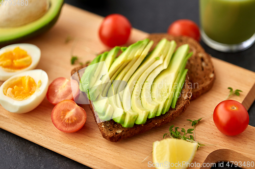 Image of toast bread with avocado, eggs and cherry tomatoes