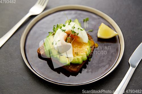 Image of toast bread with sliced avocado and pouched egg