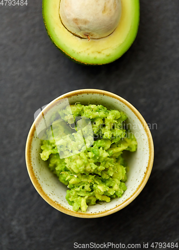 Image of close up of mashed avocado in ceramic bowl