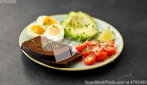 Image of toast bread with cherry tomato, avocado and eggs