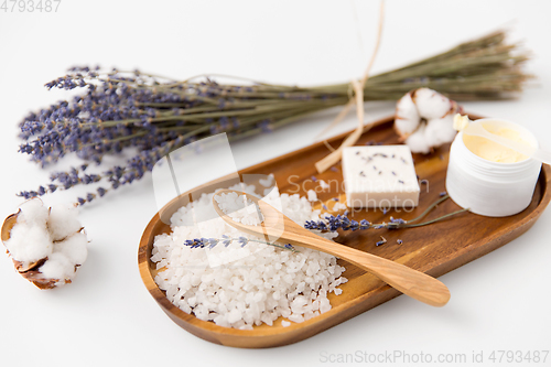 Image of bath salt, lavender soap and body butter on tray
