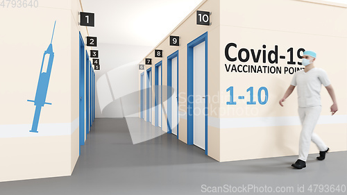 Image of Corona vaccination center with walking in nurse