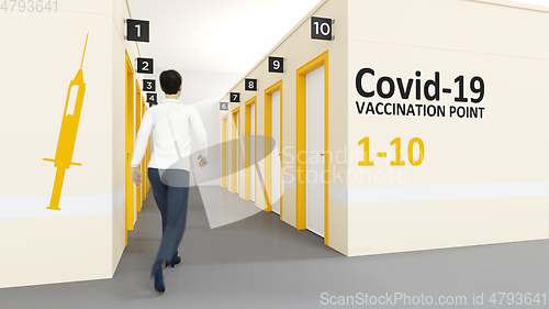 Image of Corona vaccination center with walking in woman