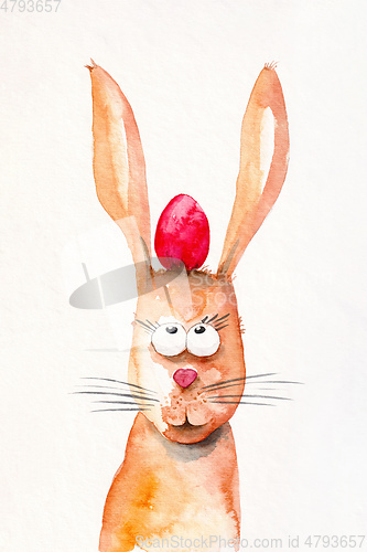 Image of easter rabbit with a red egg between the ears watercolor paint