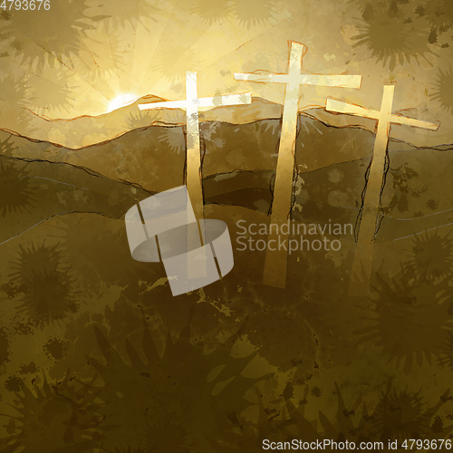 Image of three crucifix at the hill with sunset