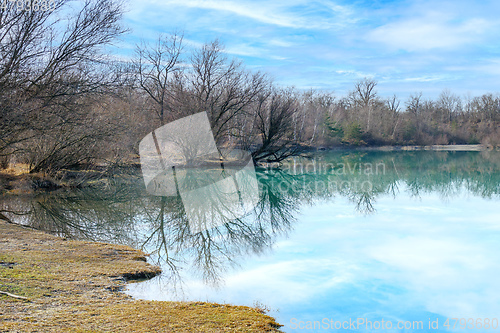 Image of trees reflections at the lake at a sunny day