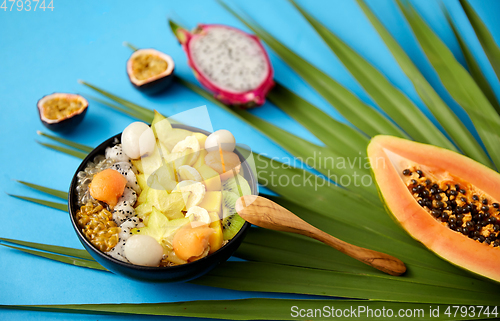 Image of mix of exotic fruits in bowl with wooden spoon