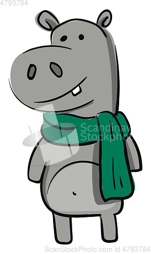 Image of Smiling grey hippo with gren scarf vector illustration on white 