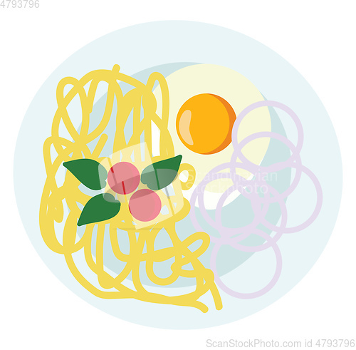 Image of A plate of Italian spaghetti with tomato and sunny side up egg v